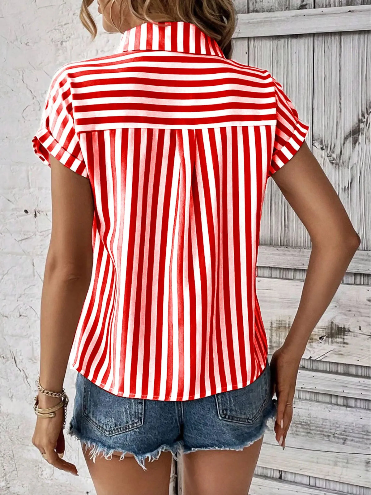 Striped Button-Up Short Sleeve Shirt with Pocket - Ladyez