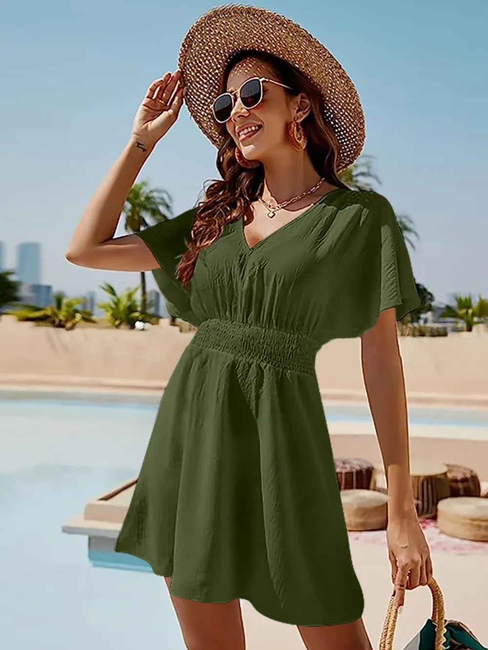 Smocked V-Neck Short Sleeve Dress - Ladyez