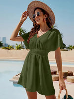 Smocked V-Neck Short Sleeve Dress - Ladyez