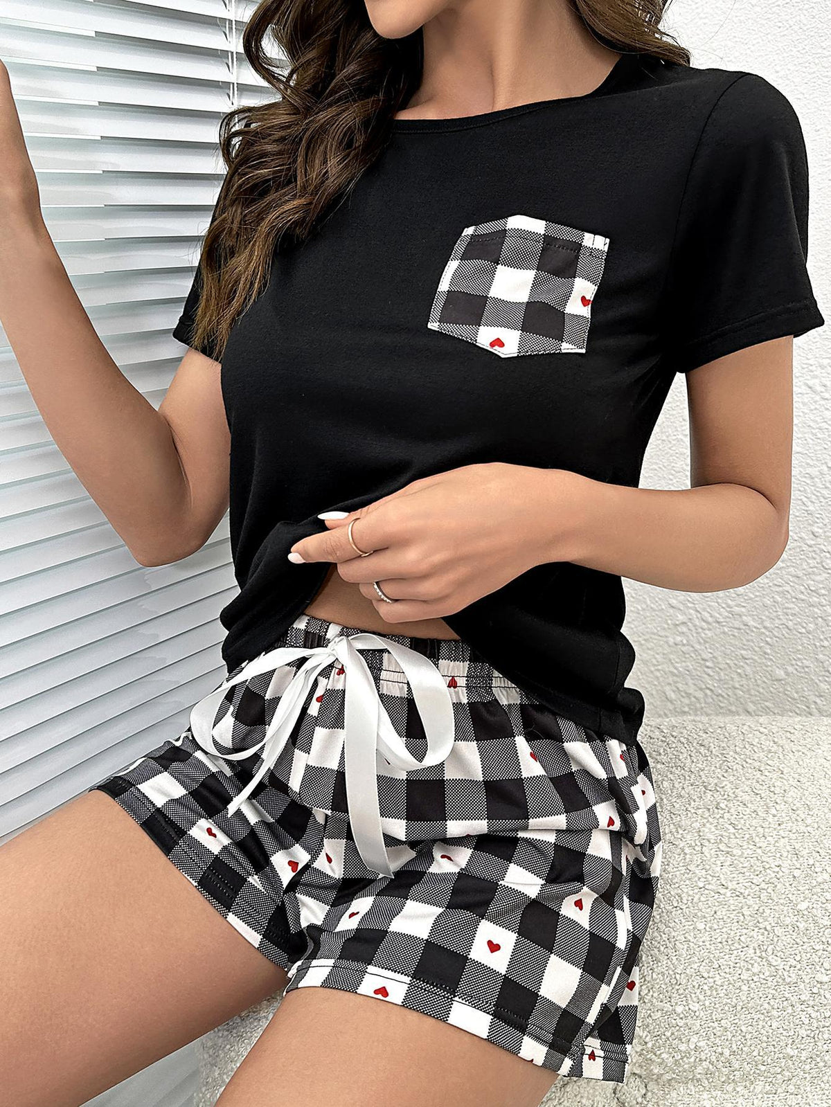 Plaid Heart Top and Shorts Lounge Set - Ladyez