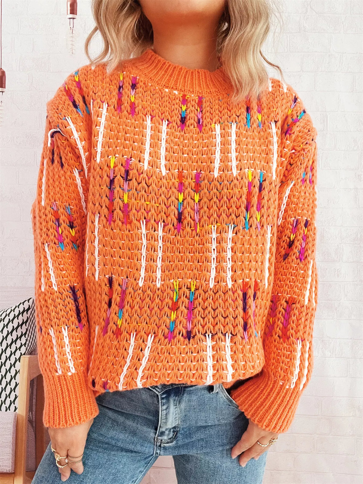 Colorful Round Neck Long Sleeve Sweater