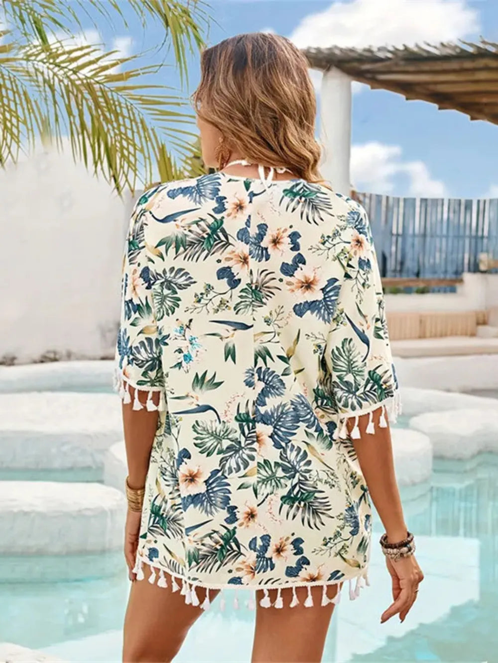 Tassel Printed Open Front Half Sleeve Cover-Up - Ladyez