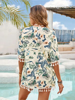 Tassel Printed Open Front Half Sleeve Cover-Up - Ladyez