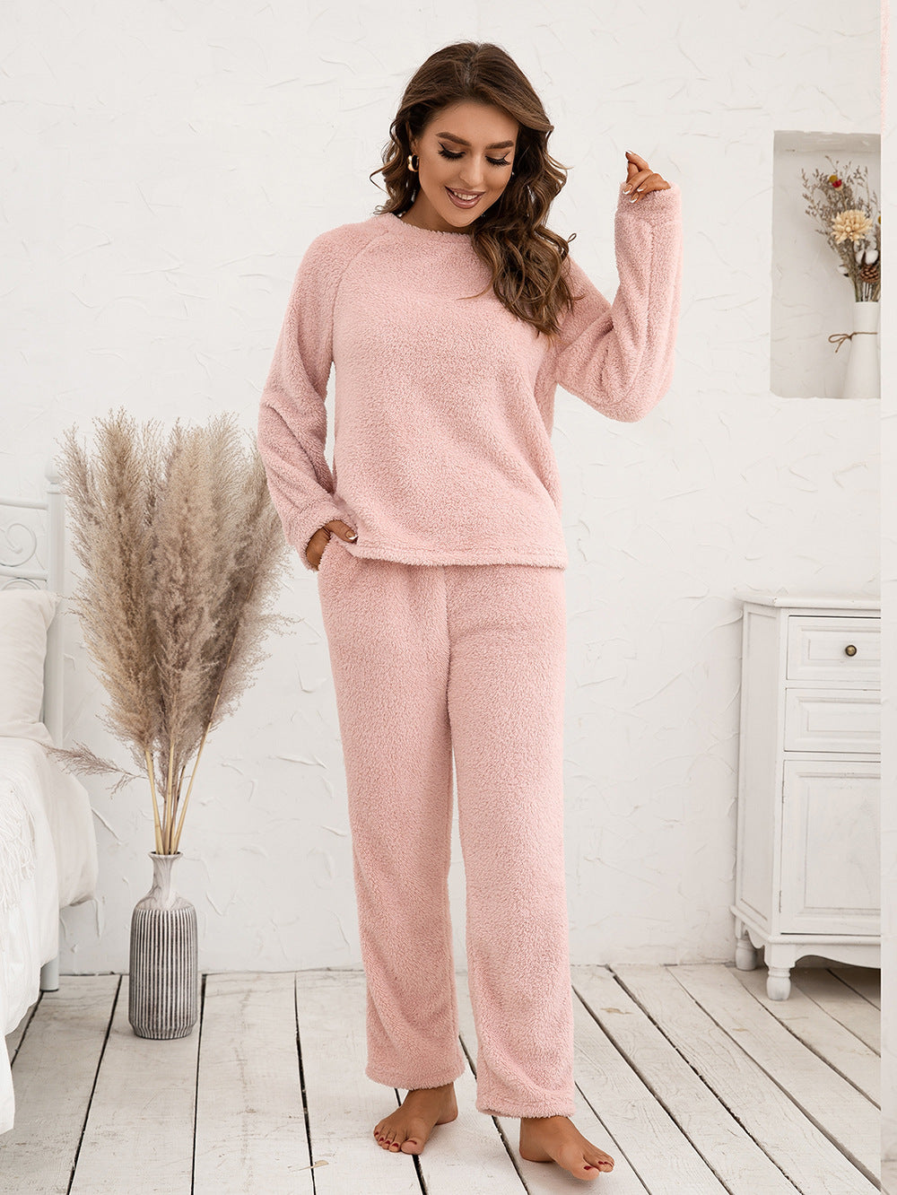Ivy Lane Teddy Long Sleeve Top and Pants Lounge Set - Ladyez