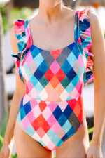 Multicolor Plaid Print Square Neck Frill Sleeveless Backless One-Piece Swimwear - Ladyez