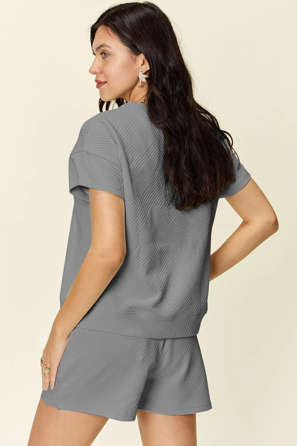 Double Take Full Size Texture Short Sleeve T-Shirt and Drawstring Shorts Set - Ladyez