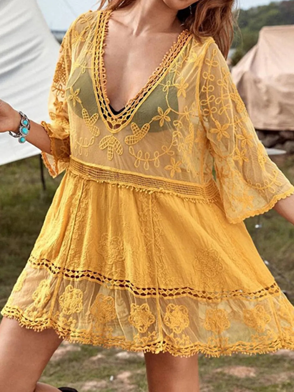 Lace Detail Plunge Cover-Up Dress - Ladyez