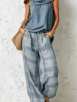 Full Size Sleeveless Cowl Neck Top and Plaid Wide-Leg Pant Two-Piece Set Plus Size