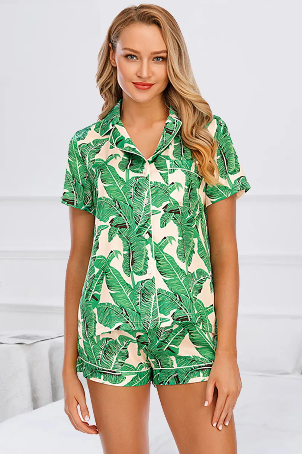Printed Button Up Short Sleeve Top and Shorts Lounge Set - Ladyez