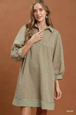 Umgee Striped Contrast Belted Puff Sleeve Mini Dress
