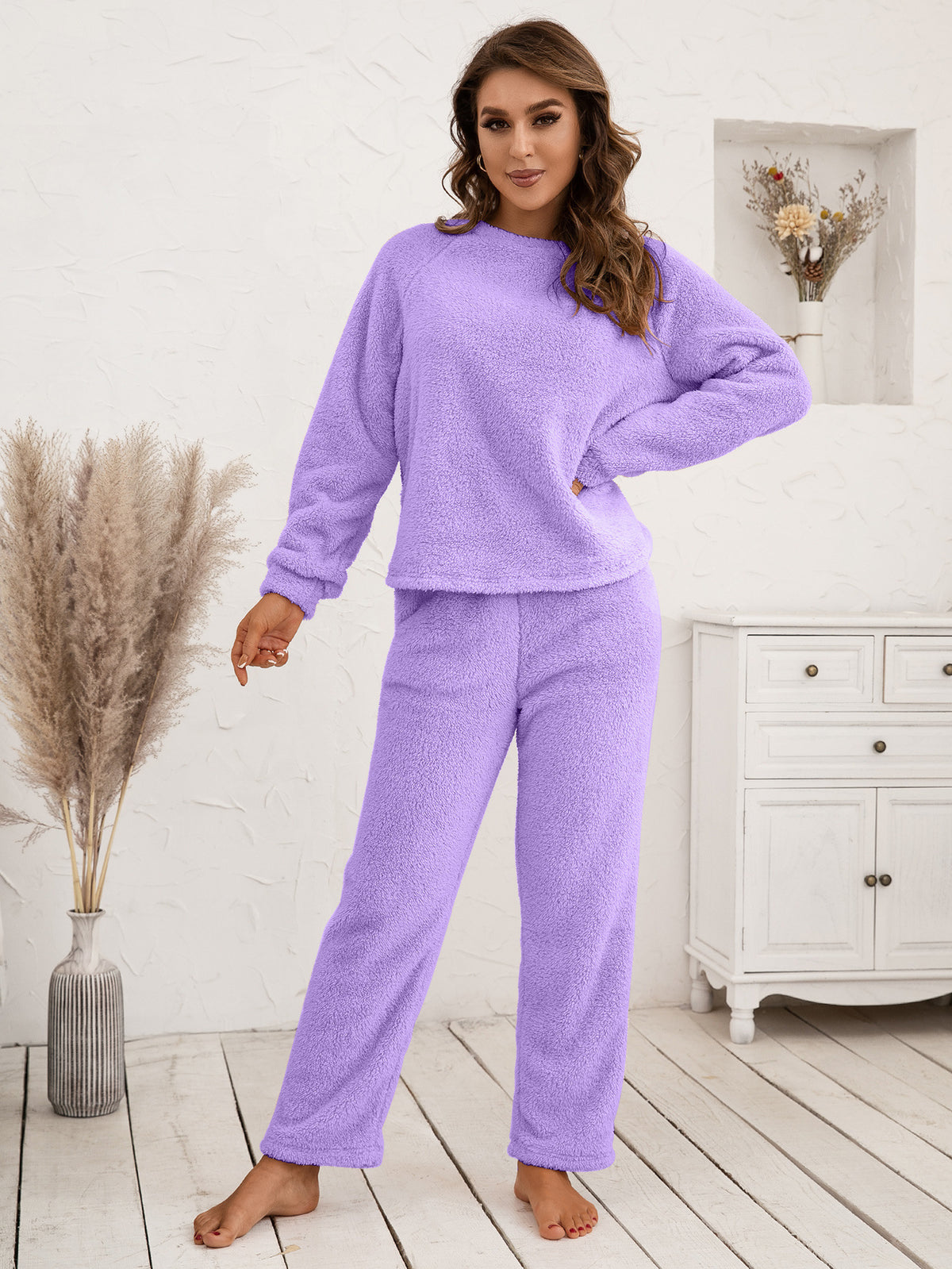 Ivy Lane Teddy Long Sleeve Top and Pants Lounge Set - Ladyez