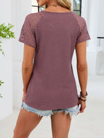 Lace Sleeve V-Neck Waffle Knit T-Shirt