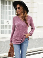 V-Neck Ribbed Long Sleeve Knit Top
