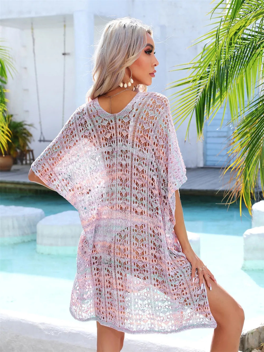 Angel Wings Slit Openwork V-Neck Cover Up - Ladyez