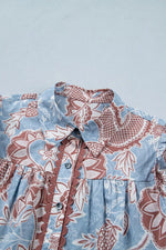 Floral Print Scalloped Trim Button Down Short Sleeve Shirt