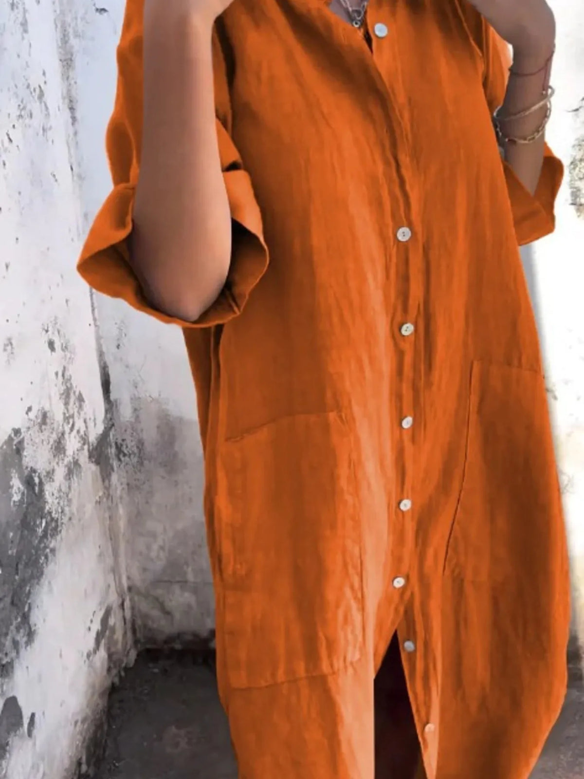 Full Size Casual Linen Button-Down Shirt Dress Plus Size - Ladyez