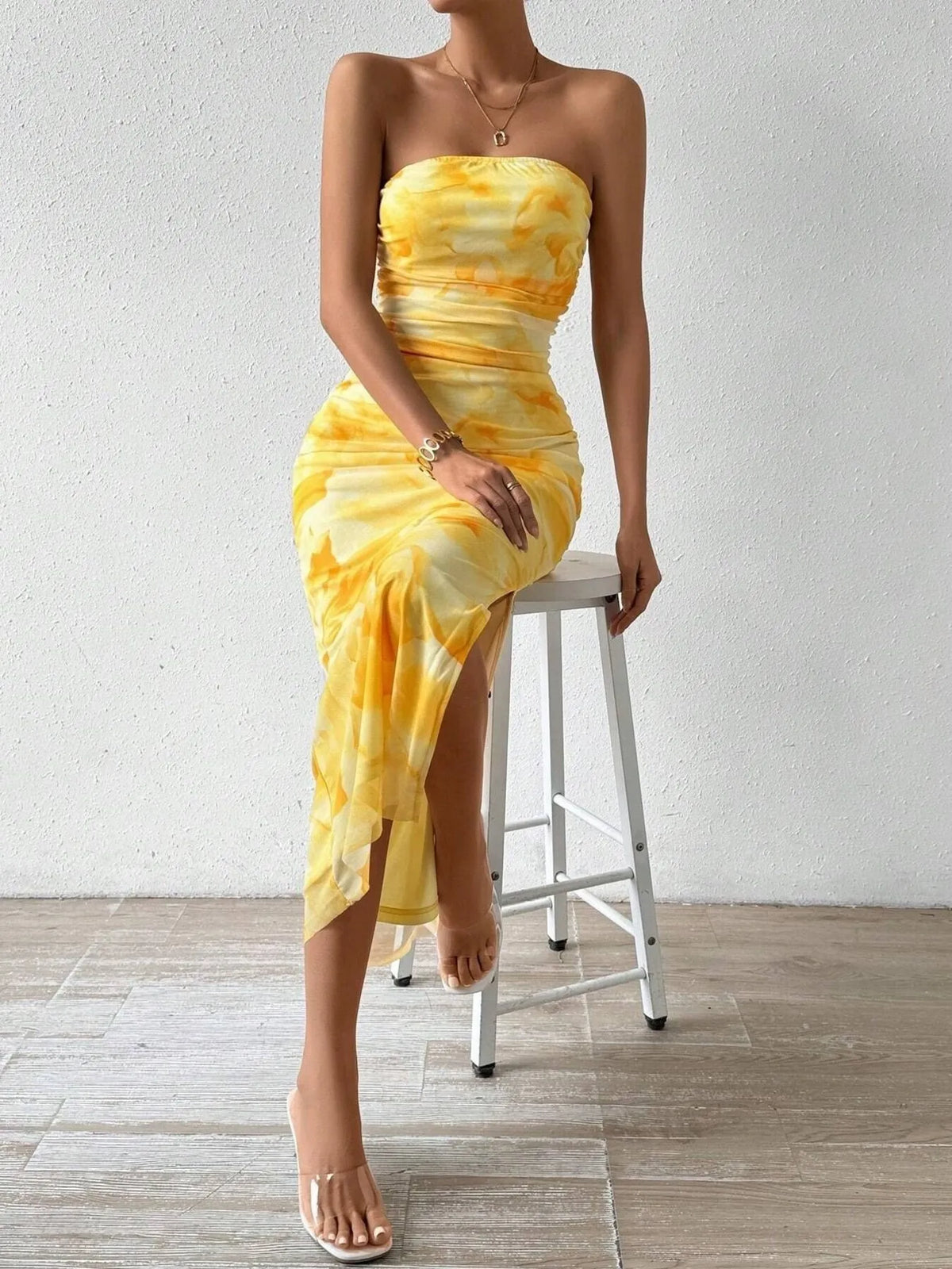 Printed Side Slit Tube Dress - Ladyez