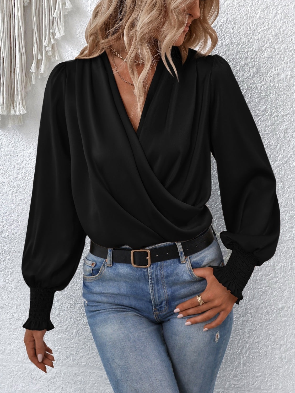 Surplice Smocked Lantern Sleeve Blouse - Ladyez