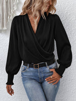 Surplice Smocked Lantern Sleeve Blouse - Ladyez