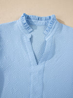 Flower Embroidered Puff Sleeve Split Neck Textured Blouse