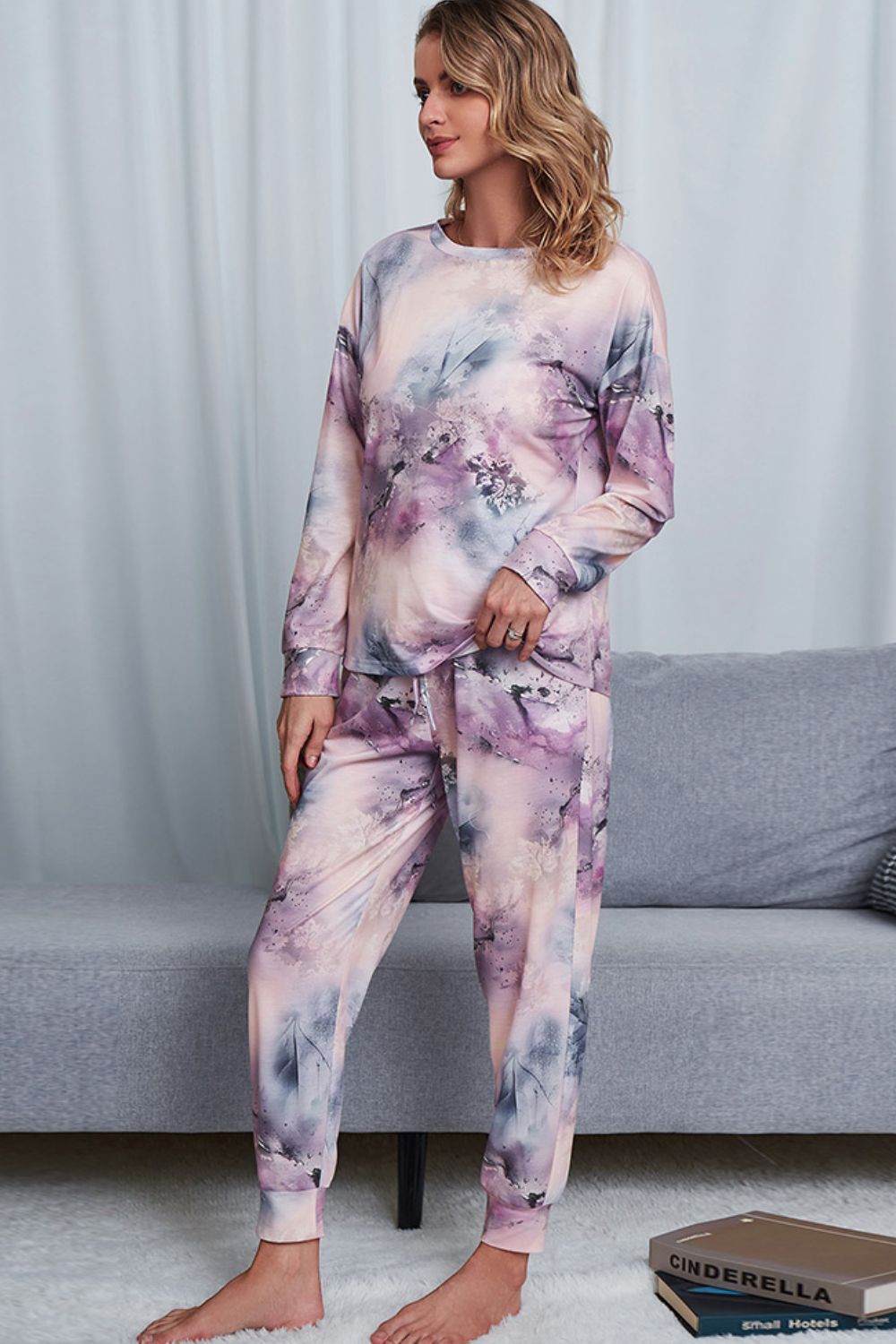 Shiny Tie-Dye Crewneck Top and Drawstring Waist Joggers Lounge Set - Ladyez