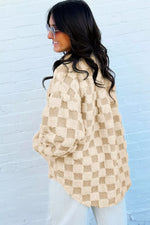 Plush Checkered Corduroy Trim Metal Button Long Sleeve Shift Silhouette Shacket