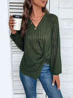 Perfee Twisted V-Neck Buttoned Long Sleeve T-Shirt