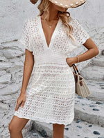 Openwork Plunge Short Sleeve Cover-Up Dress - Ladyez