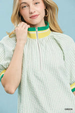 Umgee Botanical Print Puff Short Sleeve Blouse with Contrast Collar