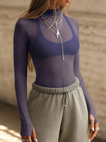 Mock Neck Long Sleeve Sheer Top - Ladyez