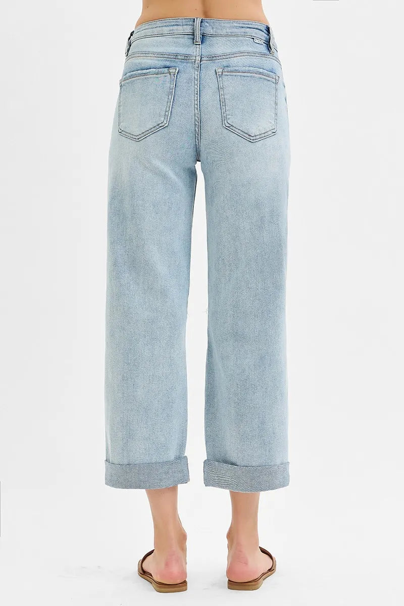 RISEN Full Size Mid Rise Fit Boyfriend Jeans with Cuff Plus Size - Ladyez