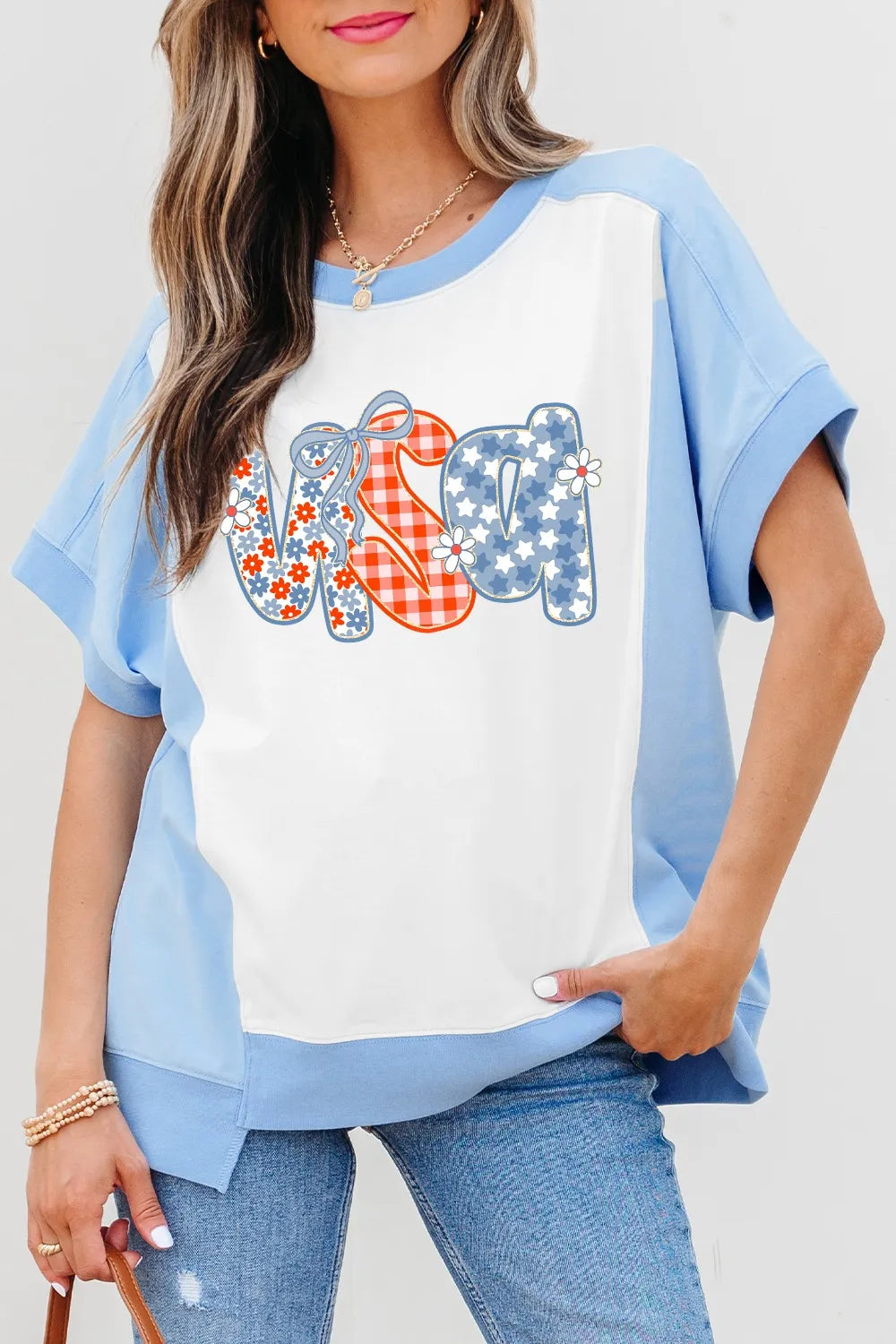 Star Plaid Flower USA Graphic Color Block Crewneck T Shirt