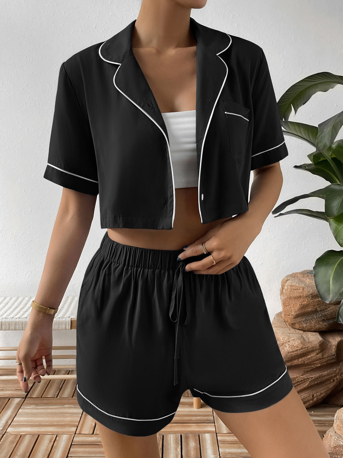 Ivy Lane Contrast Lapel Collar Cropped Shirt and Shorts Lounge Set - Ladyez