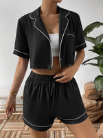 Ivy Lane Contrast Lapel Collar Cropped Shirt and Shorts Lounge Set - Ladyez