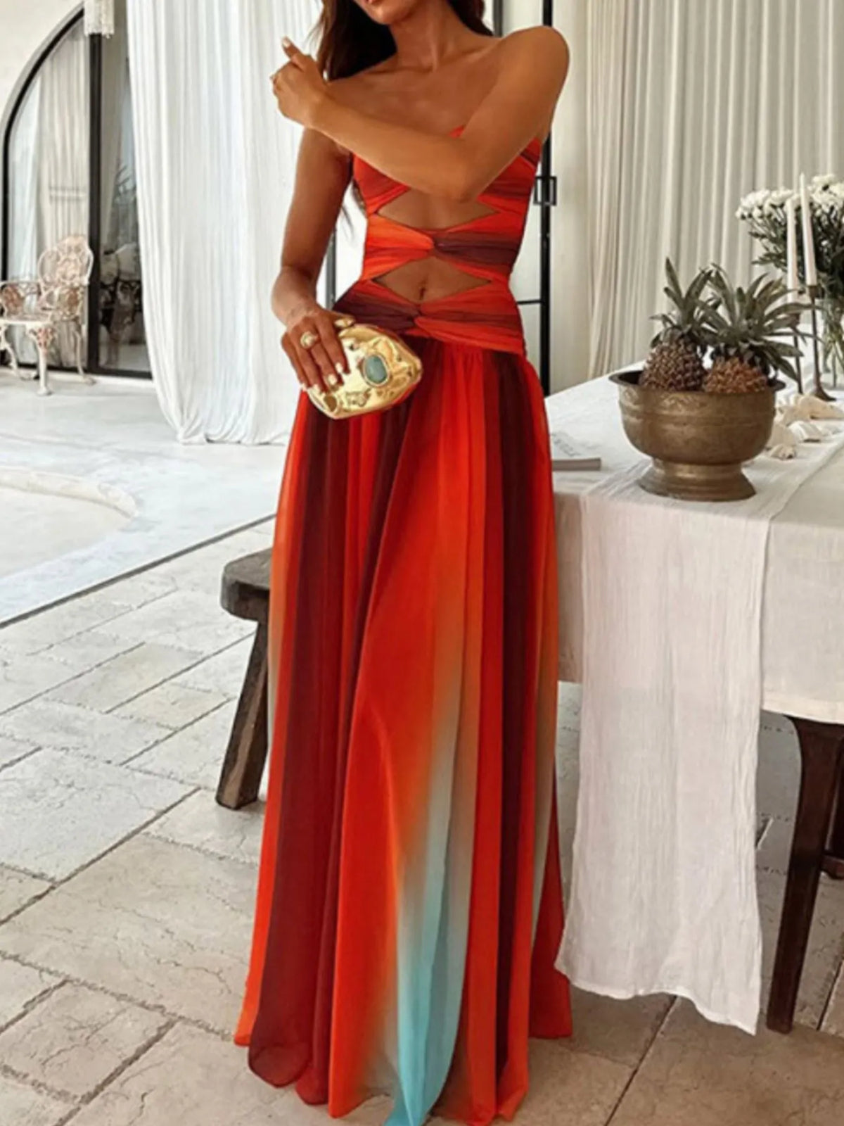 Strapless Cut-Out Rainbow Gradient Maxi Dress - Ladyez