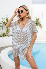 Angel Wings Openwork V-Neck Short Sleeve Cover Up - Ladyez