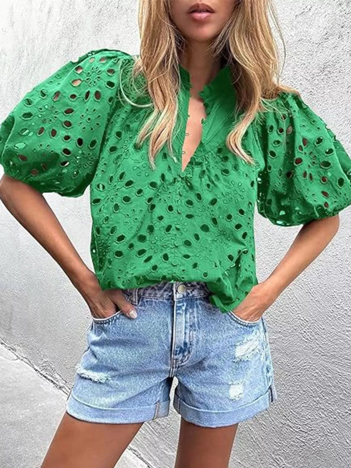 Eyelet Embroidered Puff Sleeve Blouse