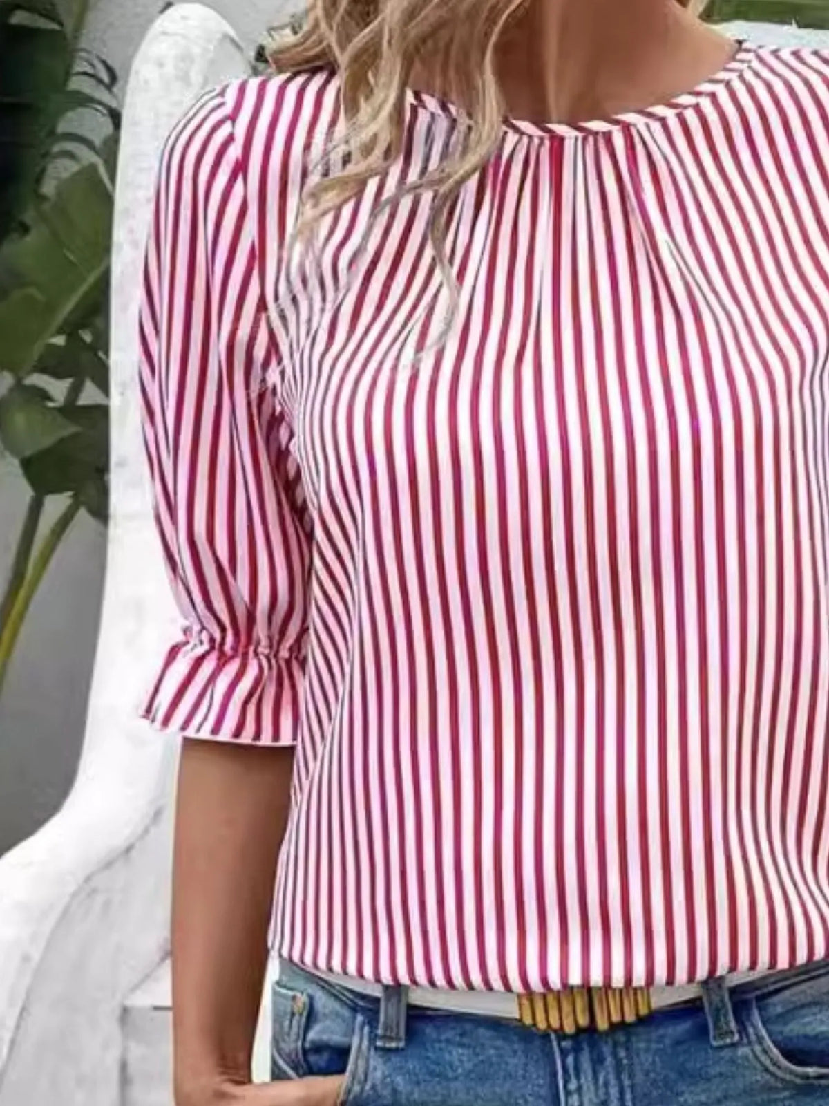 Striped Round Neck Half Sleeve Casual Blouse - Ladyez