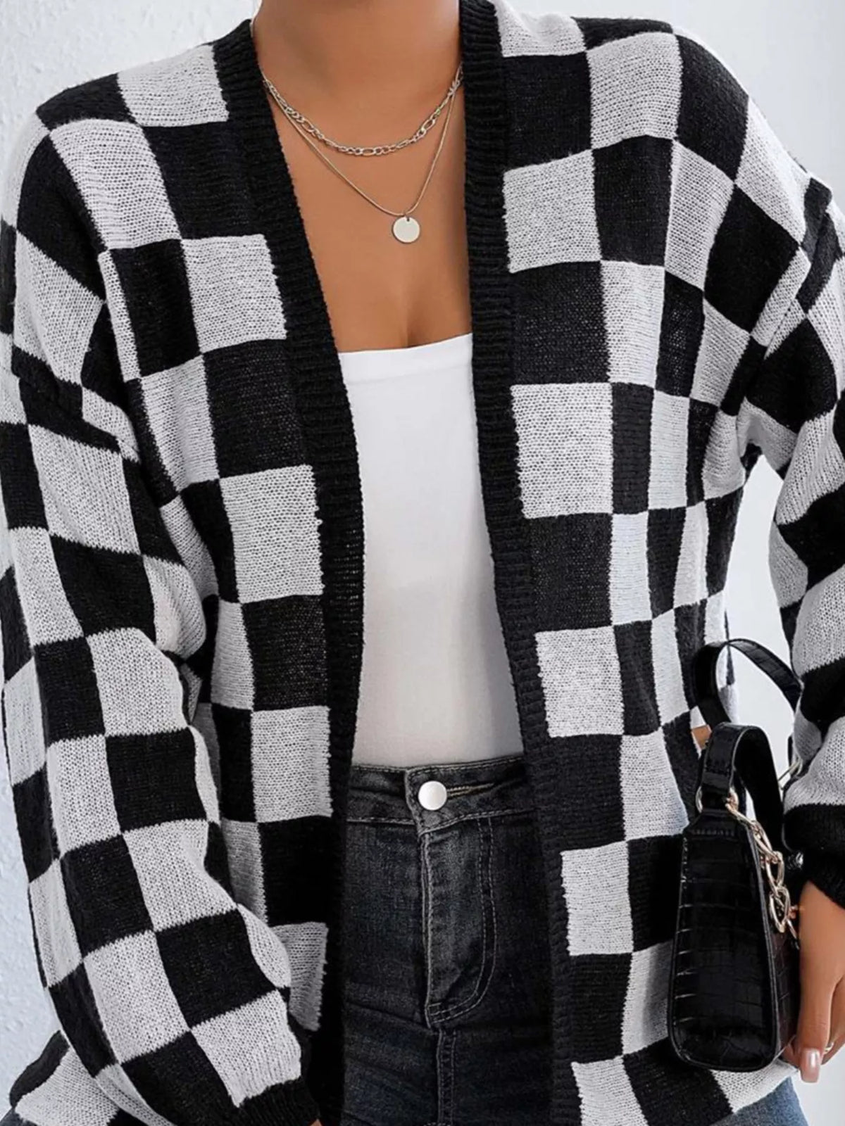 Checkerboard Pattern Open Front Knit Cardigan