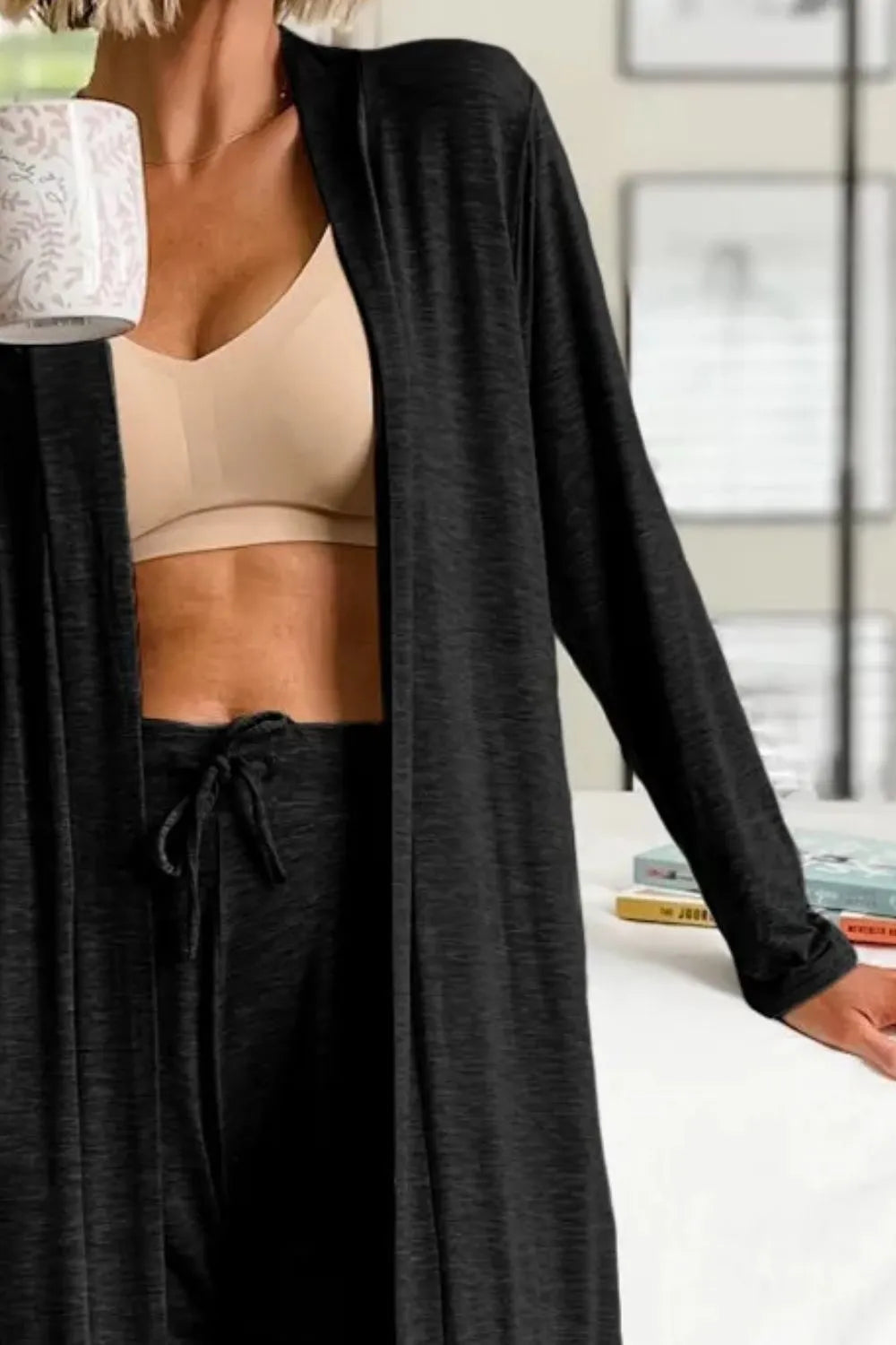Open Front Long Sleeve Cardigan and Pants Lounge Set - Ladyez