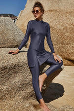 Slit Mock Neck Long Sleeve Top and Pants Swim Set - Ladyez