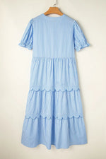 Stripe Bubble Short Sleeve Tiered Scallop Midi Dress
