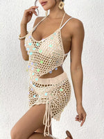 Halter Neck Crochet Knit Top and Skirt Cover Up Set