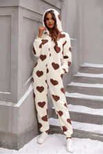 Fuzzy Heart Zip Up Hooded Lounge Jumpsuit - Ladyez