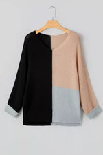 Color Block Knit V Neck Loose Sweater