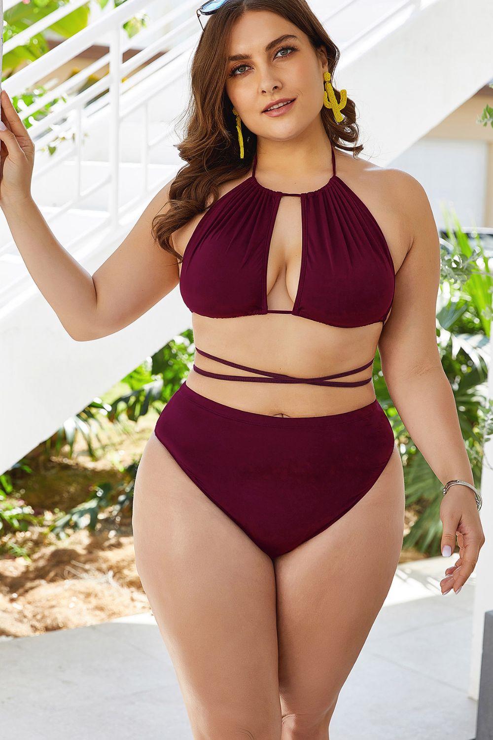 Plus Size Cutout Tied Backless Bikini Set - Ladyez