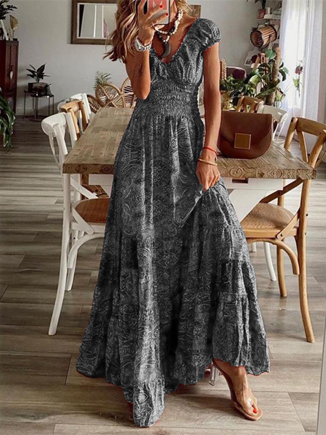 Full Size Smocked Printed V-Neck Short Sleeve Dress - Ladyez