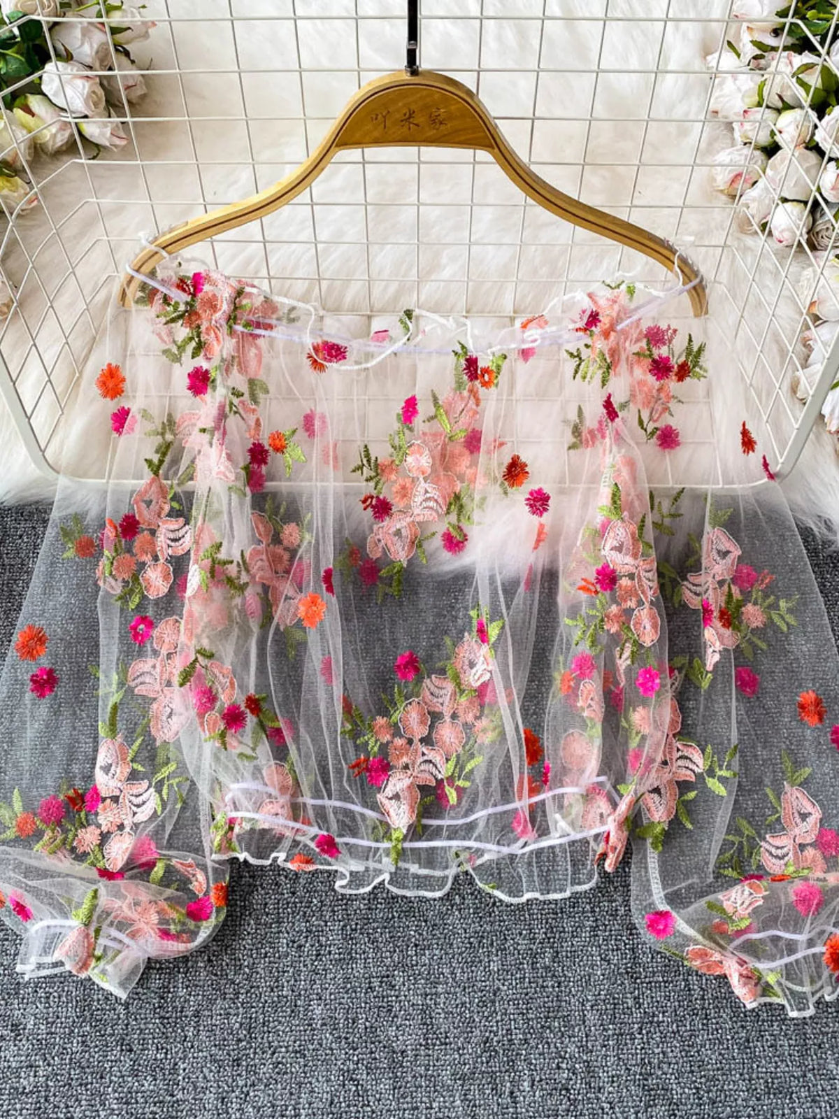 Floral Embroidered Mesh Off-Shoulder Top