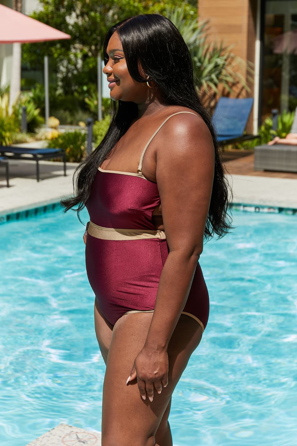 Marina West Swim Wave Break Contrast Trim One-Piece in Wine - Ladyez
