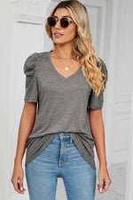 Heathered V-Neck Puff Sleeve T-Shirt